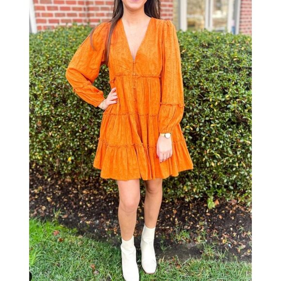 NWT Cleobella Blythe Mini Dress in Bright Orange Floral Jacquard Tiered Boho S - Picture 7 of 16